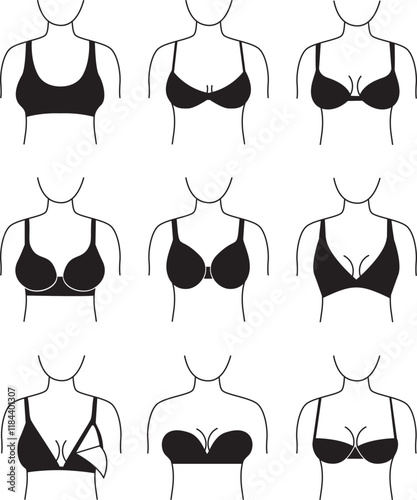 Set of women lingerie. Collection of bras on a woman body. Female underwear types.