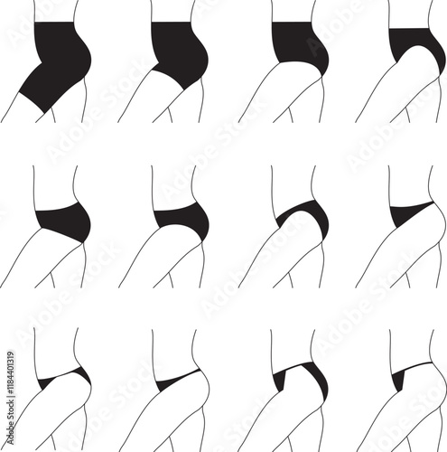 Set of women panties, underwear types string, thong, tanga, bikini. Cheeky, hipster, classic brief, slip, retro high waist or slimming underclothing collection.