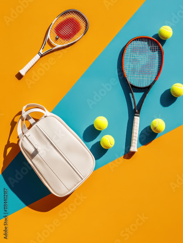 A flat lay of tennis racket, tennis bag, tennis balls on clay tennis court background photo