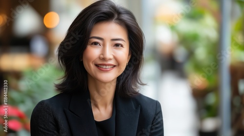 Confident Asian businesswoman smiling outdoors in a casual setting. Concept of success and approachability