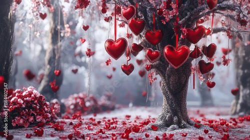 A decorated Valentinea??s Day tree with heart-shaped ornaments and ribbons photo