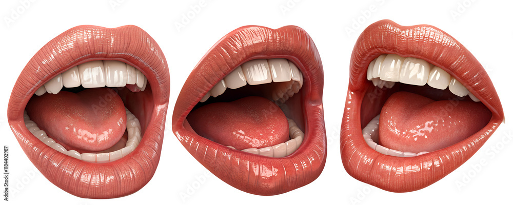 Obraz premium Glossy red lips mouth set bundle and shiny teeth dental care vector illustration, isolated on transparent PNG, dentistry banners, social media posts, posters, doctor promotions, beauty art, health