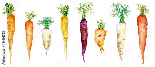 Set of watercolor drawn carrots isolated on white photo