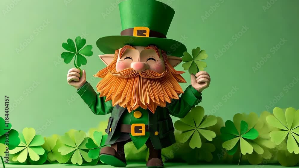 Leprechaun figurine with a pot of gold surrounded by shamrocks on a green background. St. Patrick’s Day celebration concept. High quality 4k footage