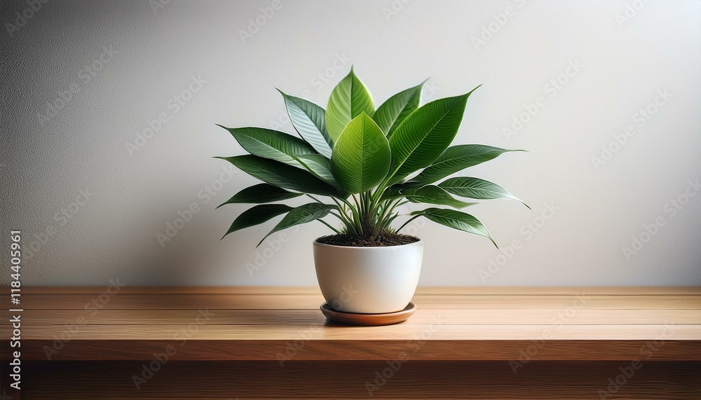 A small potted plant centered on a clean wooden table with a white wall behind. A small potted plant centered on a clean wooden table with a white wall behind.