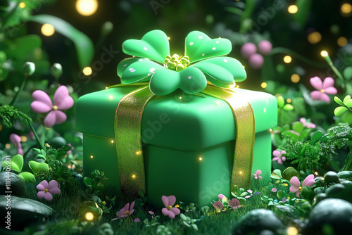 3d green gift box with a gold ribbon sits in a magical field of shamrocks.  Cartoon  Greeting card for St. Patrick's Day.  folklore, wealth and good fortune concept. Copy space. photo