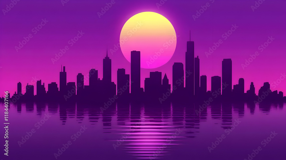 Fototapeta premium Purple Cityscape Sunset Illustration