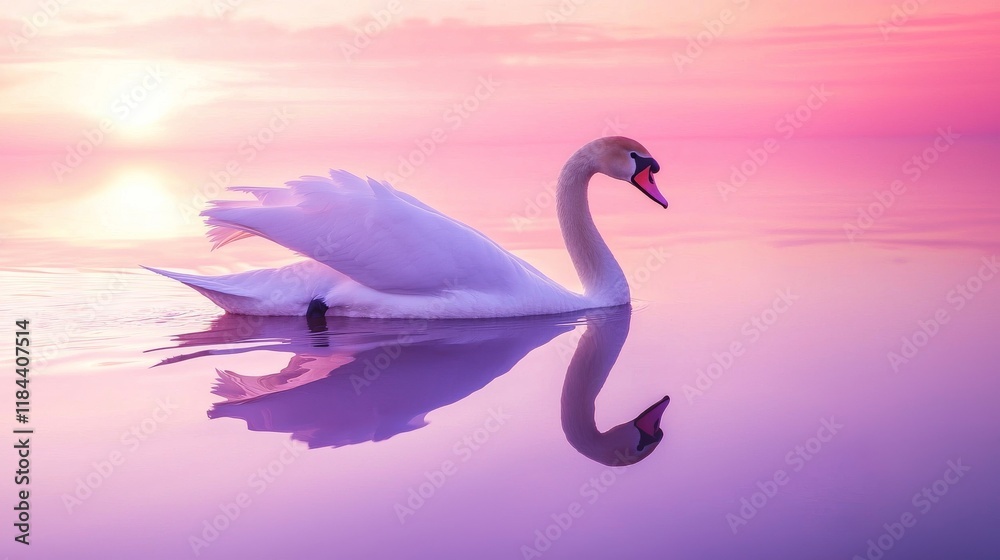 Fototapeta premium A graceful white swan gliding smoothly across the surface of a still lake, its reflection perfectly mirrored in the water, with a soft pink and purple sky from the setting sun