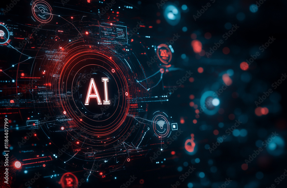 Fototapeta premium AI Revolution: Abstract digital art depicting AI technology, showcasing futuristic interfaces and interconnected data streams in a vibrant red and blue color scheme. 