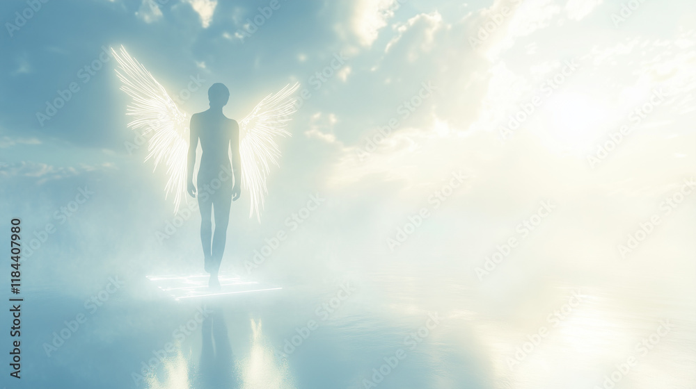 Glowing angelic figure in misty light Glowing angelic figure in misty light