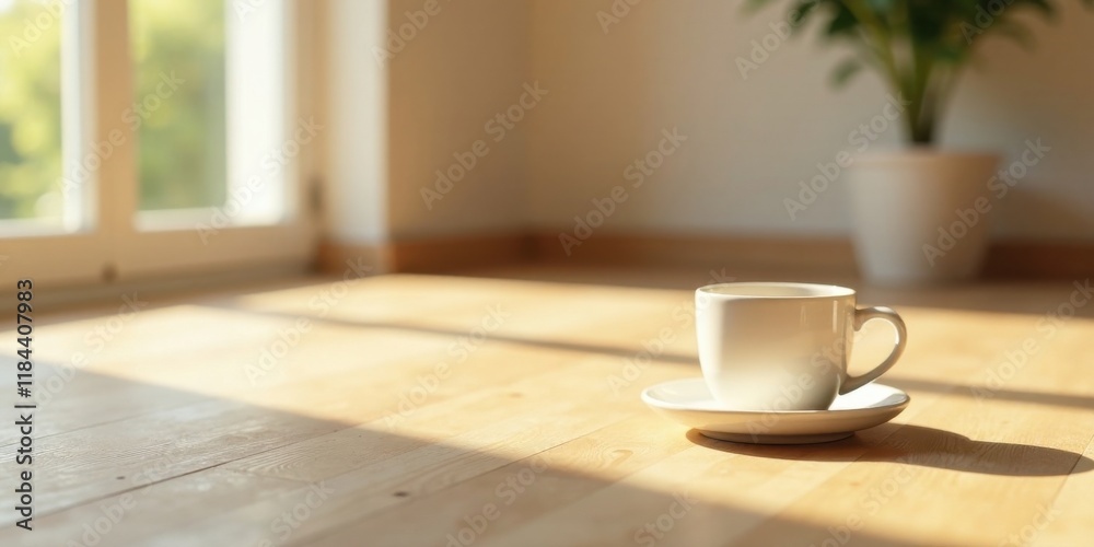 Obraz premium Serene morning sunlight illuminates a coffee cup on a wooden floor near a window