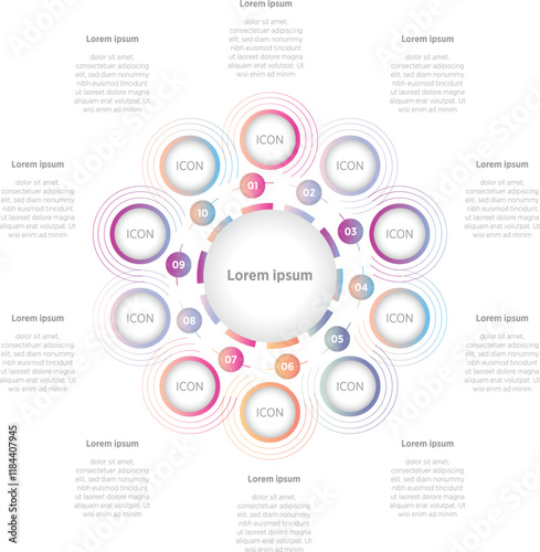 Colorful Modern Infographic design elements for your business data with 10 options, parts, steps, timelines or processes, Circle round concept. Vector Illustration.