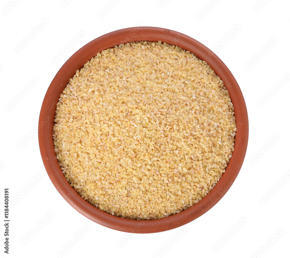 Raw wheat groats in bowl isolated on white, top view Raw wheat groats in bowl isolated on white, top view