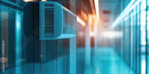 Modern air conditioner on the wall of a contemporary office, emitting cool air, with a bright and minimalistic interior in the background. photo