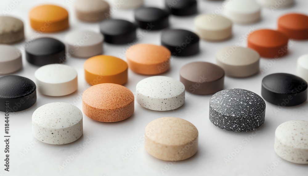 Various modern pills arranged on white surface, closeup view, round, oval, and capsule pills in different colors and sizes, clean and detailed design Various modern pills arranged on white surface, closeup view, round, oval, and capsule pills in different colors and sizes, clean and detailed design
