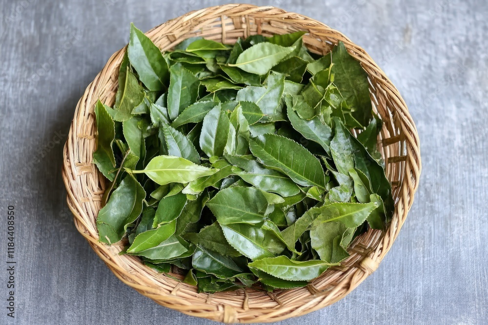 Freshly plucked wild tea leaves in a basket, highlighting their vibrant green color and purity Freshly plucked wild tea leaves in a basket, highlighting their vibrant green color and purity