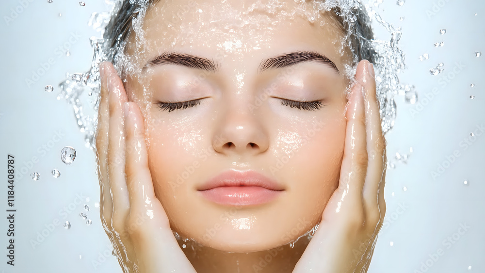 Naklejka premium Young beautiful woman splashing water on face. Model facewash, skincare and dermatology background.