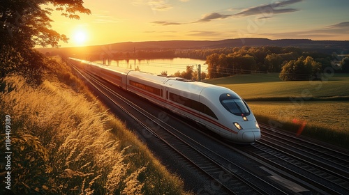 Modern high-speed train traveling through picturesque countryside at sunset, blending the beauty of nature with advanced transportation technology in a stunning evening landscape