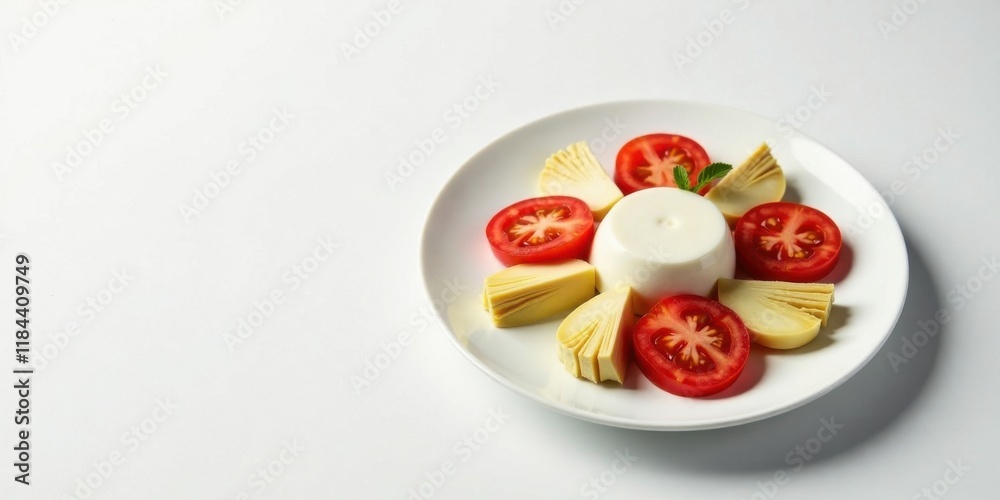 Creamy Dessert with Tomato and Artichoke Slices on a Plate Creamy Dessert with Tomato and Artichoke Slices on a Plate
