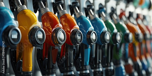 Closeup of the row of petroleum pump nozzles of various colors on a petrol gas or fuel station. photo