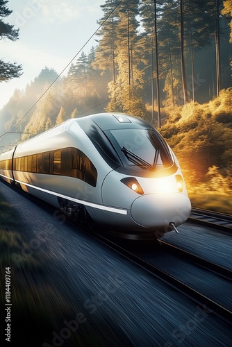 Sleek, silver high-speed train races through a picturesque forest landscape as the sun sets, casting a warm glow on the trees and creating a sense of speed and adventure