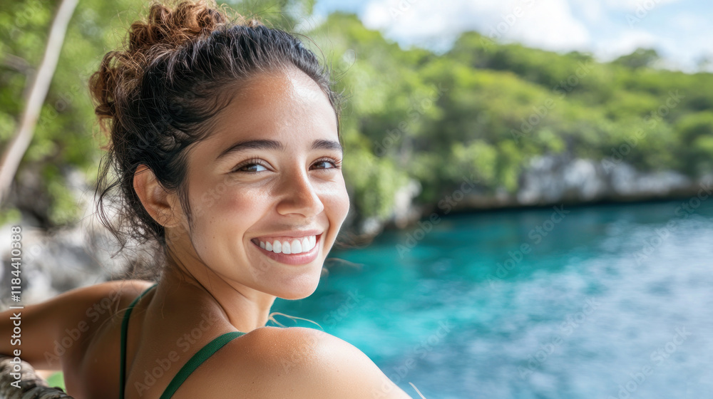 Hispanic woman enjoy vacation at blue lagoon cenotes yucatan in jungle