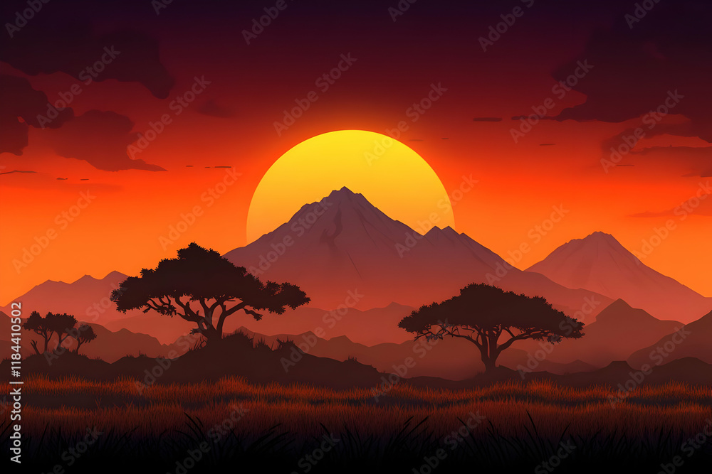 Obraz premium Sunset Mountain Landscape Illustration