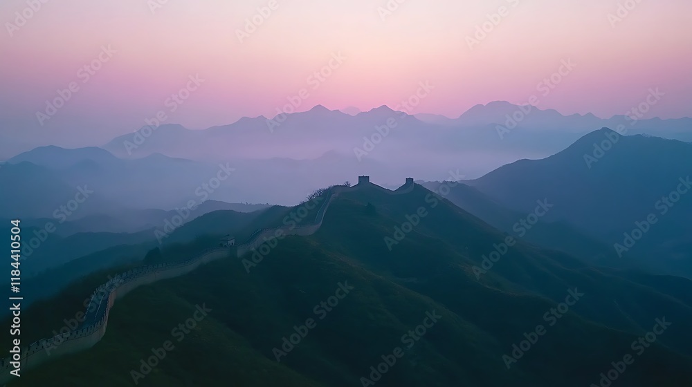 Obraz premium Majestic Great Wall winds through misty mountain range at sunrise