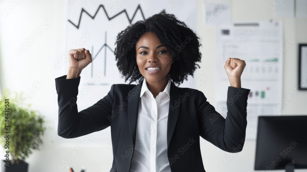 A woman in a business suit is smiling and raising her hands in the air. Generative AI A woman in a business suit is smiling and raising her hands in the air. Generative AI