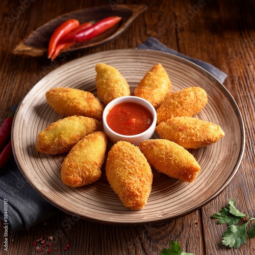 Golden, crispy risol filled with vegetables and chicken, neatly arranged on a plate with a side of chili sauce, served on a rustic wooden table photo