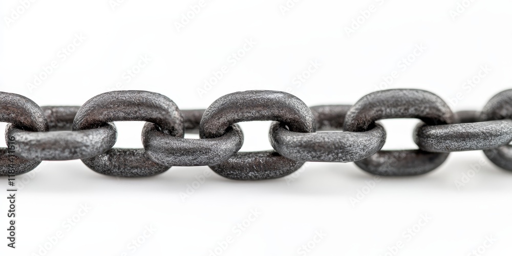 Fototapeta premium Metal chain component displayed against a white background, showcasing the intricate design and texture of the metal chain. This metal chain offers versatility for various applications.