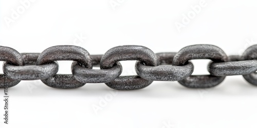 Metal chain component displayed against a white background, showcasing the intricate design and texture of the metal chain. This metal chain offers versatility for various applications. photo