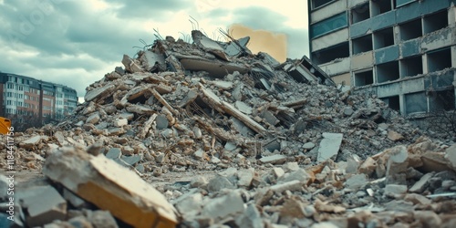 Ruins of a demolished building showcase the remnants of the past. The dismantling of an old building leaves a significant pile of rubble at the demolishing site, highlighting the process of