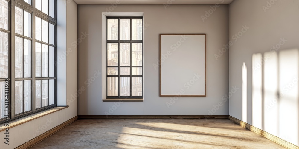 Obraz premium Contemporary stylish window paired with wooden flooring and an unoccupied poster space offers a chic and minimalistic aesthetic.