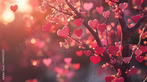 A decorative Valentinea??s Day tree adorned with tiny red and pink hearts photo