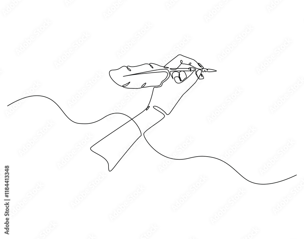 Obraz premium Continuous line drawing of hand holding feather pen. Single line illustration of quill pen. Writting, education concept. Editable outline