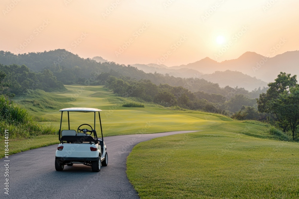 Scenic Golf Course at Sunrise with Golf Cart on Paved Path