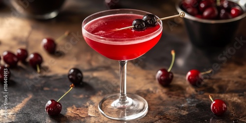 Vibrant red cocktail featuring cherries and whiskey, infused with rich berry flavors. This enticing red cocktail combines the deep notes of whiskey with the sweetness of berries and cherries. photo