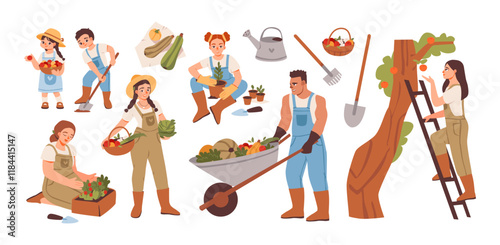 Springtime and family gardening. Agricultural worker set. Rural life, harvest tools, and organic produce. People in the garden.  Flat vector illustrations isolated on white background.