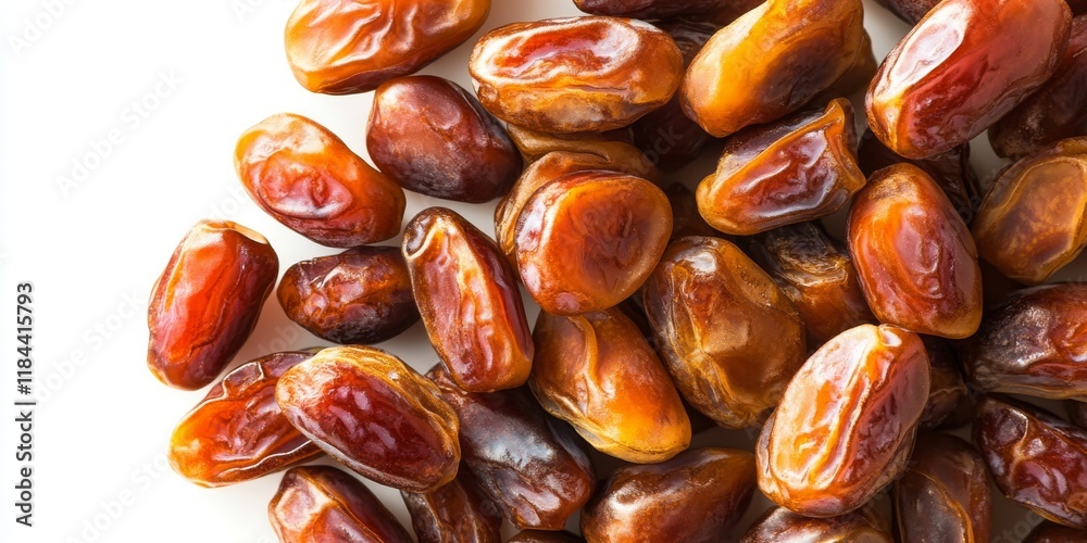Close up image of dates isolated on a white background, showcasing the rich texture and color of the dates. The dates highlight their natural appeal and healthy attributes prominently. Close up image of dates isolated on a white background, showcasing the rich texture and color of the dates. The dates highlight their natural appeal and healthy attributes prominently.