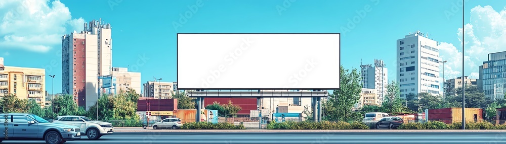 Obraz premium Blank white advertisement board in flat style, large and clean, placed on the side of a modern building in a busy city, vibrant urban environment, highquality illustration