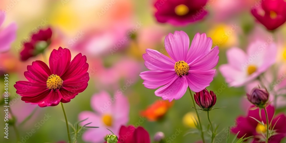 Vibrant landscape showcasing a nature background filled with beautiful pink and red cosmos flowers, creating a stunning floral display in the natural setting of the cosmos flower field. Vibrant landscape showcasing a nature background filled with beautiful pink and red cosmos flowers, creating a stunning floral display in the natural setting of the cosmos flower field.