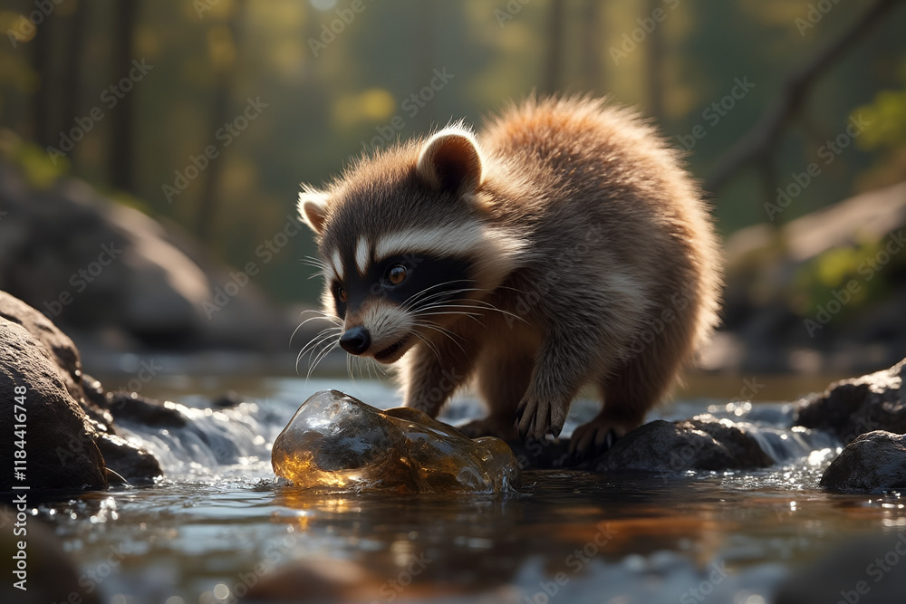 Fototapeta premium Inquisitive Young Raccoon Investigating Stream in Tranquil Forest Setting