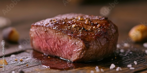 Close up of a grilled venison fillet showcased on a rustic wooden table, highlighting the delicious details of the grilled venison fillet and its mouthwatering texture.