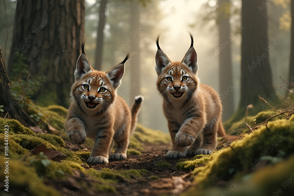 Playful Lynx Kittens Exploring Misty Forest Path Playful Lynx Kittens Exploring Misty Forest Path