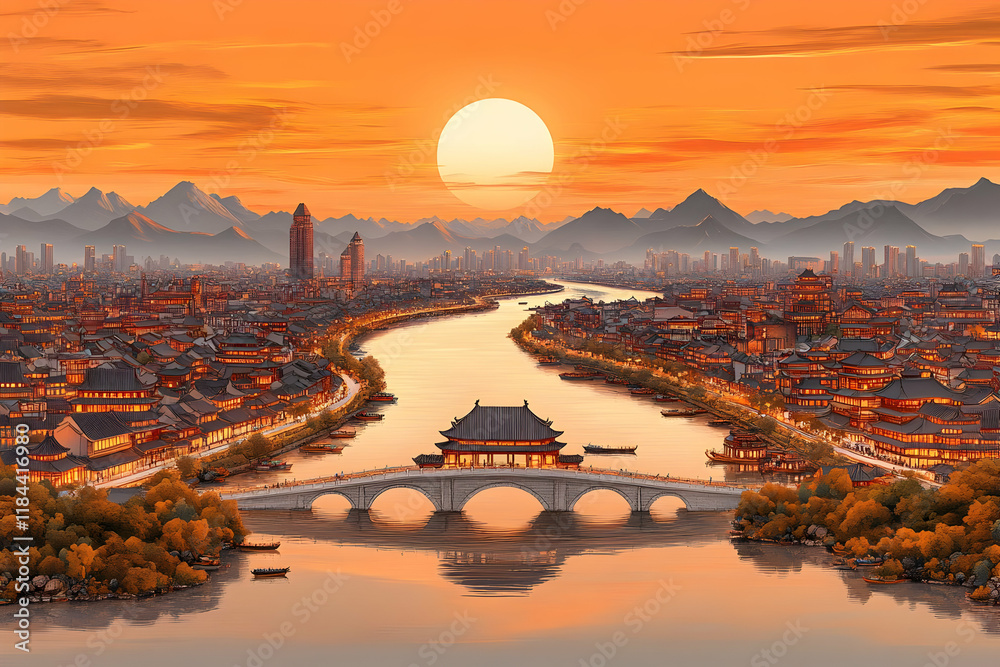 Obraz premium Sunset Cityscape Illustration