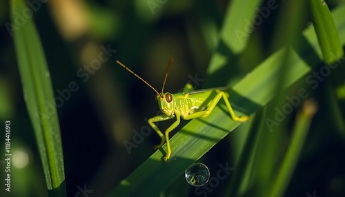 Green Grasshopper on Blade: A Vibrant Macro Photograph photo