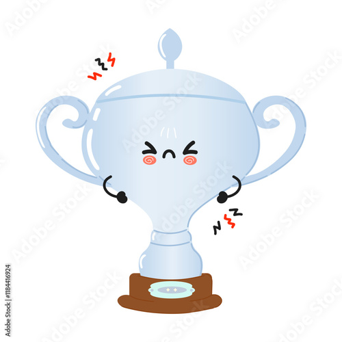 Cute angry Silver trophy cup character. Vector hand drawn cartoon kawaii character illustration icon. Isolated on white background. Sad Silver trophy cup character concept