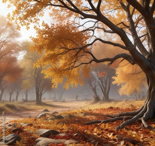 A row of branch limbs stretching from a tree to their fullest extent in the autumn landscape with some leaves falling off, fall colors, outdoor elements