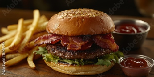 Close up of a gourmet hamburger featuring crispy bacon, beautifully arranged on a wooden table, accompanied by golden french fries and a side of ketchup for an enticing meal experience. photo